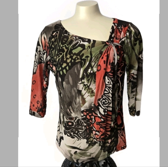 Tribal Womens Semi Sheer 3/4 Sleeve Fall Brown, Green & Coral Blouse Size L - Picture 1 of 9